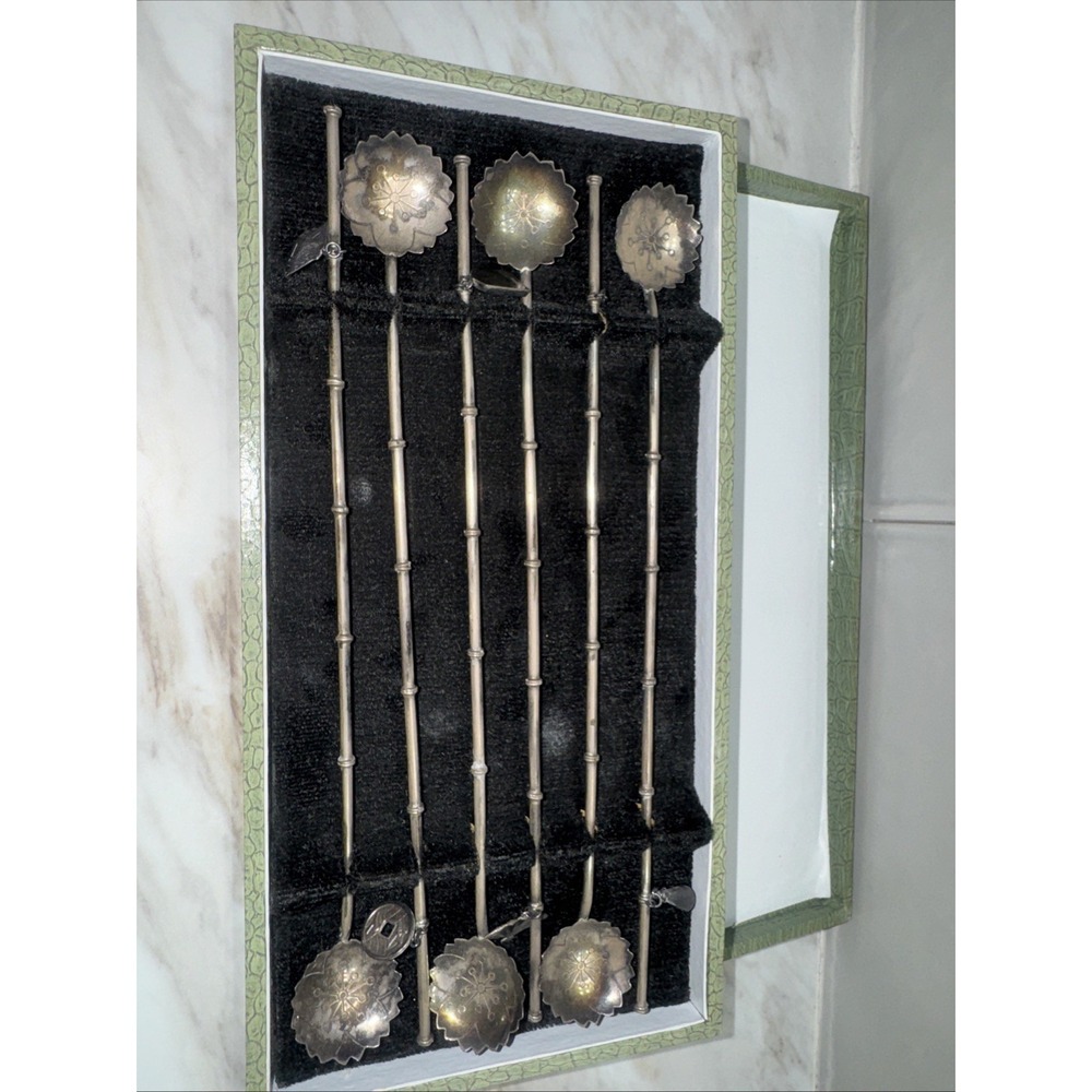 Vintage .950 Sterling Silver Asian Set of 6 Iced Tea Julep Spoons in Case Read**